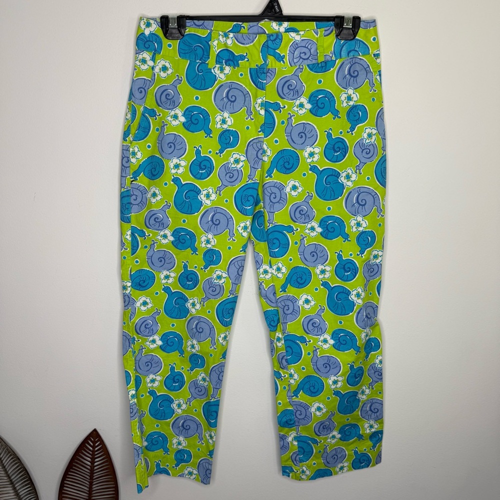 C15 Lilly‎ Pulitzer 90s Escargot Snail Print Capri Pants, Bright, Lime Green